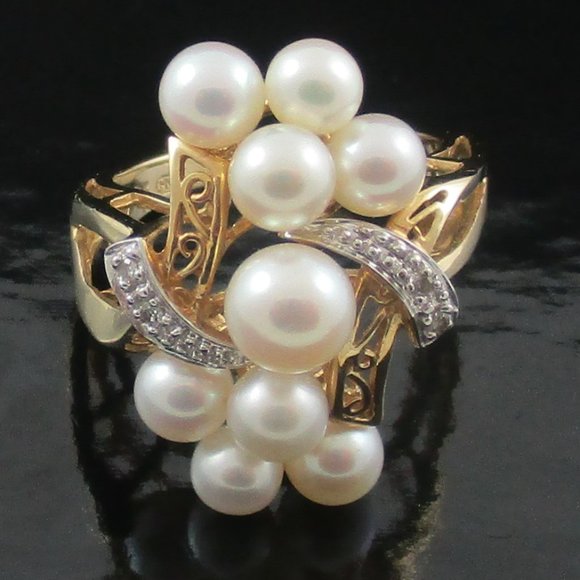 14K Yellow Gold Cultured Freshwater Pearl Cluster & Diamond Accent Ring - Picture 5 of 7